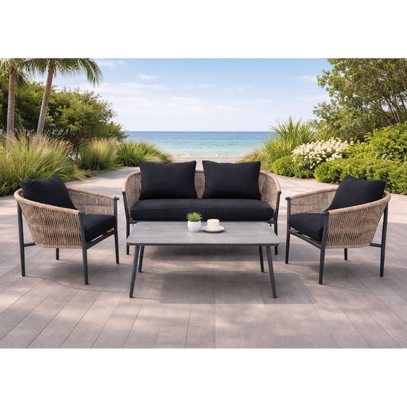 GASBA Set Σαλόνι Κήπου 4τεμ, Alu Ανθρακί, Rope Wicker Φυσικό, Μαξιλάρια Σκούρο Γκρι