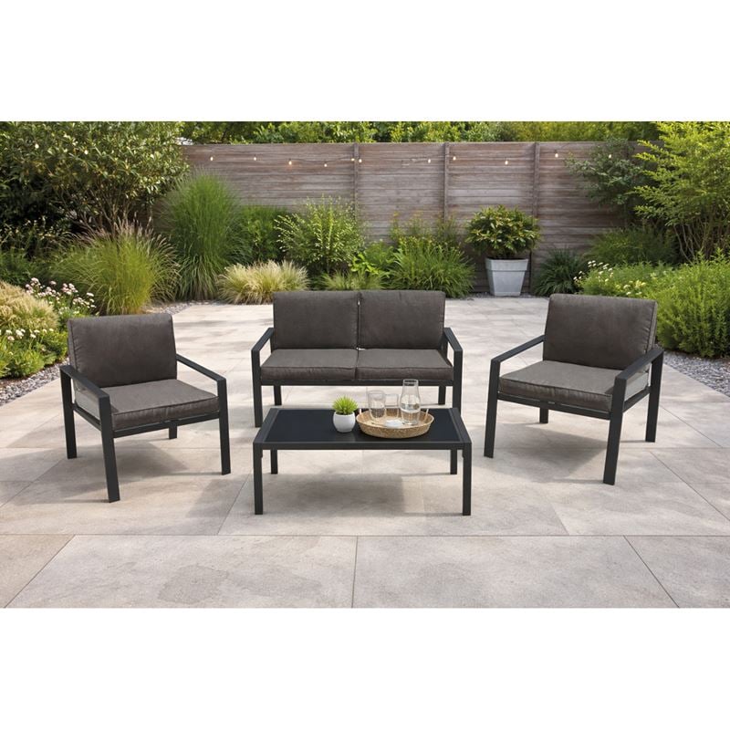 RIVIAN Set Σαλόνι Κήπου 4τεμ, Μέταλλο Βαφή Ανθρακί, Μαξιλάρια Γκρι