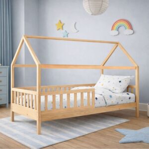 DREAM τ.Montessori Παιδικό Κρεβάτι με Στρώμα 90x190/19cm, Ξύλο Πεύκου Απόχρωση Φυσικό