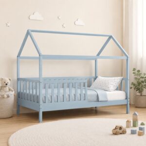 DREAM τ.Montessori Παιδικό Κρεβάτι με Στρώμα 90x190/19cm, Ξύλο Πεύκου Απόχρωση Γαλάζιο