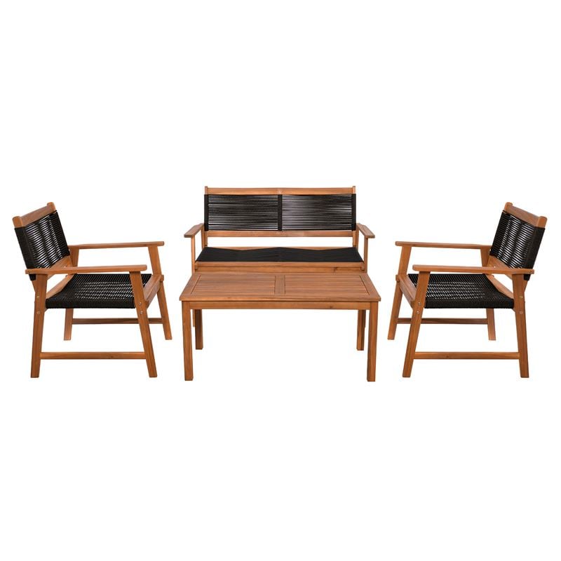 SPRING Set Σαλόνι Κήπου Ακακία Φυσικό, Wicker Μαύρο: Τραπέζι + Καναπέ 2Θέσιο + 2 Πολυθρόνες