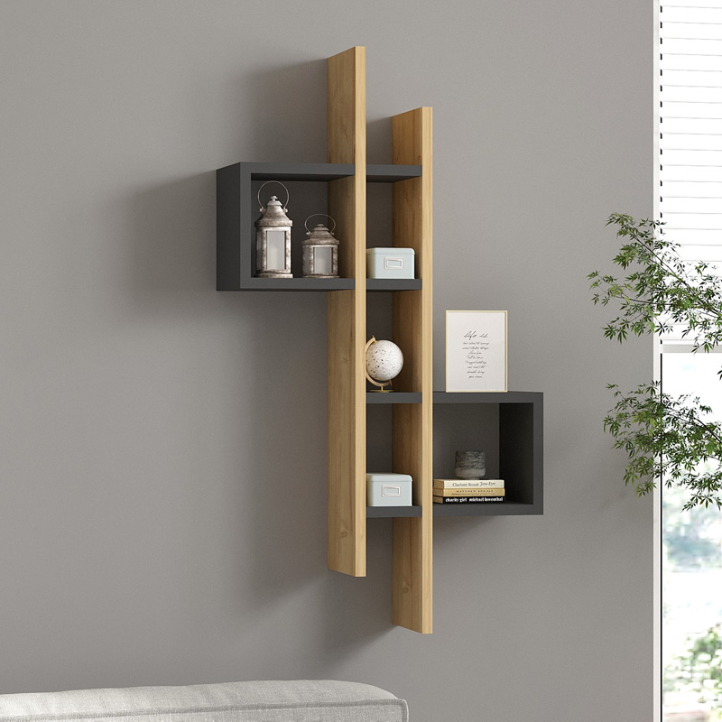 Ραφιέρα τοίχου Garel pakoworld σε oak-ανθρακί απόχρωση 53,8x19,6x108εκ