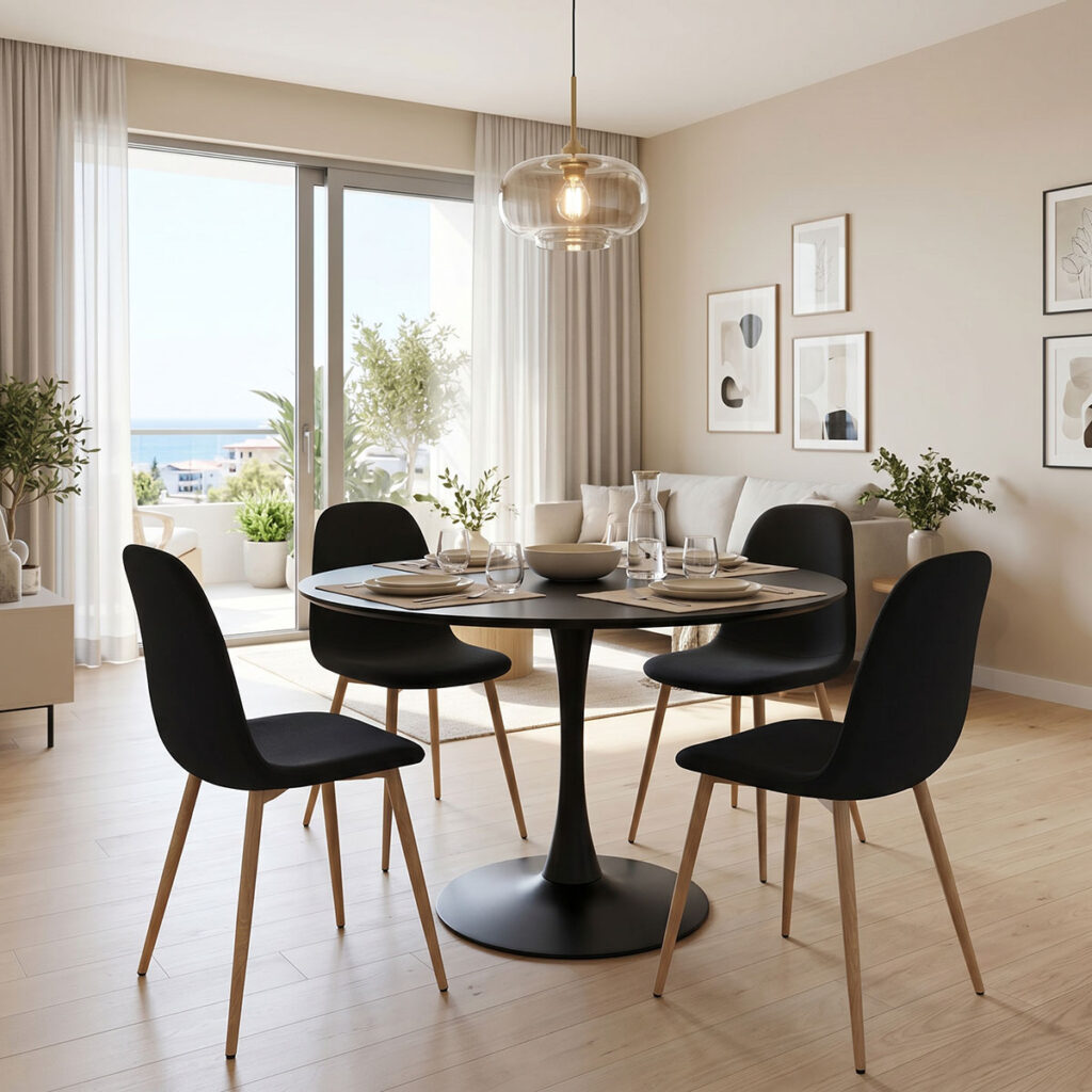 Τραπεζαρία Bella-Balou pakoworld σετ 5τεμ MDF μαύρο-ύφασμα μαύρο Φ120x73εκ