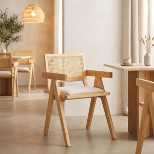 Πολυθρόνα Winslow pakoworld rubberwood σε φυσική απόχρωση-ύφασμα λευκό 51x54x80εκ