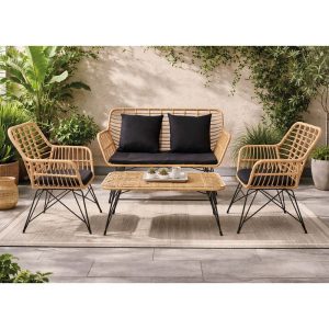SALSA MAX Living Set Κήπου 4 τεμαχίων, Μέταλλο Βαφή Μαύρο, Wicker Φυσικό, Μαξιλάρια Μαύρο