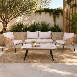 SALSA Plus Set Σαλόνι Κήπου ALU Μαύρο-Γυαλί-Wicker Φυσικό: Τραπέζι+2 Θέσιος+2 Πολυθρόνες
