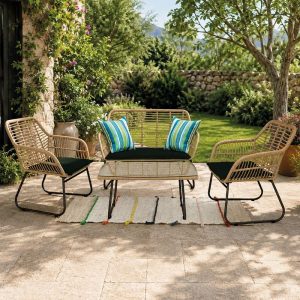 SALSA Set Σαλόνι Κήπου Μέταλλο Μαύρο, Wicker Φυσικό: Τραπέζι + Καναπέ 2Θέσιο + 2 Πολυθρόνες